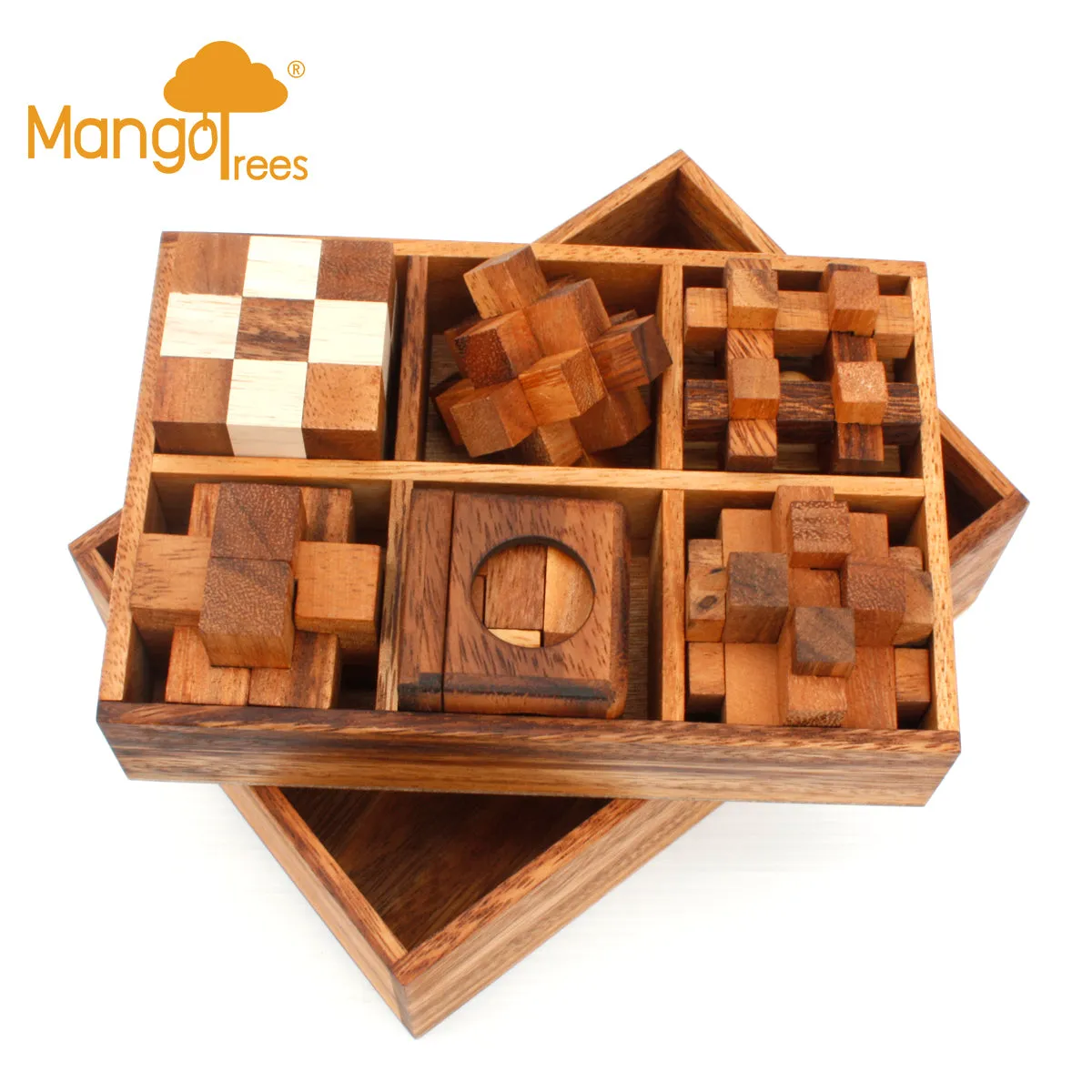 6 unique hand made wooden Puzzles in a Deluxe Gift Box Set-for kids or adults.