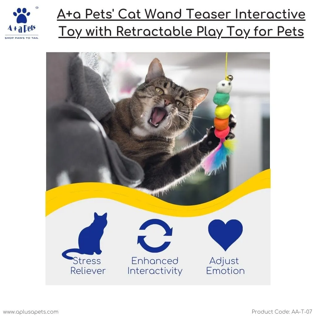 A a Pets' Cat Wand Teaser Interactive Toy with Retractable Feather Pom