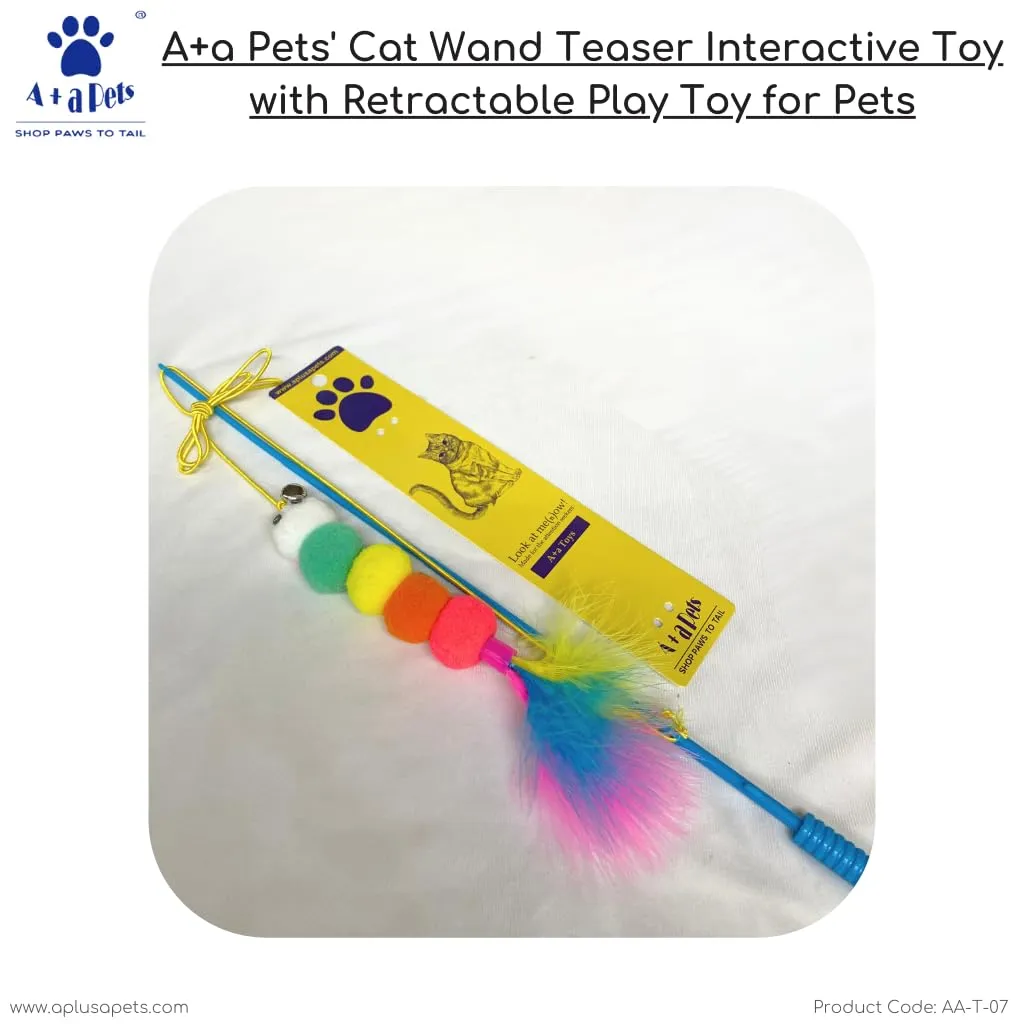 A a Pets' Cat Wand Teaser Interactive Toy with Retractable Feather Pom