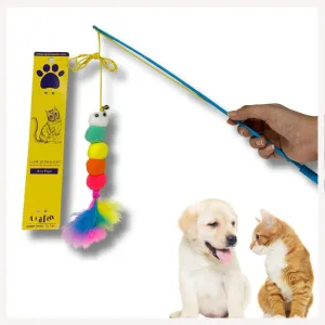 A a Pets' Cat Wand Teaser Interactive Toy with Retractable Feather Pom