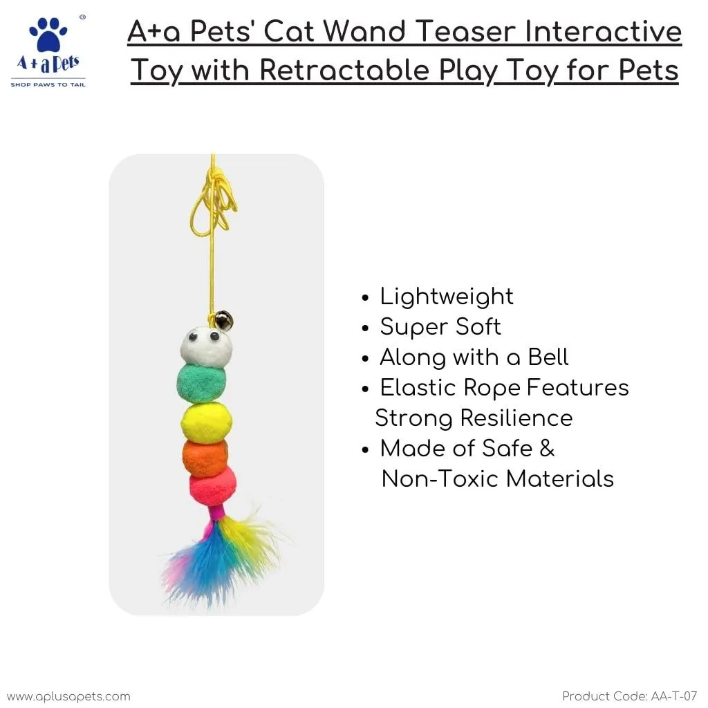 A a Pets' Cat Wand Teaser Interactive Toy with Retractable Feather Pom