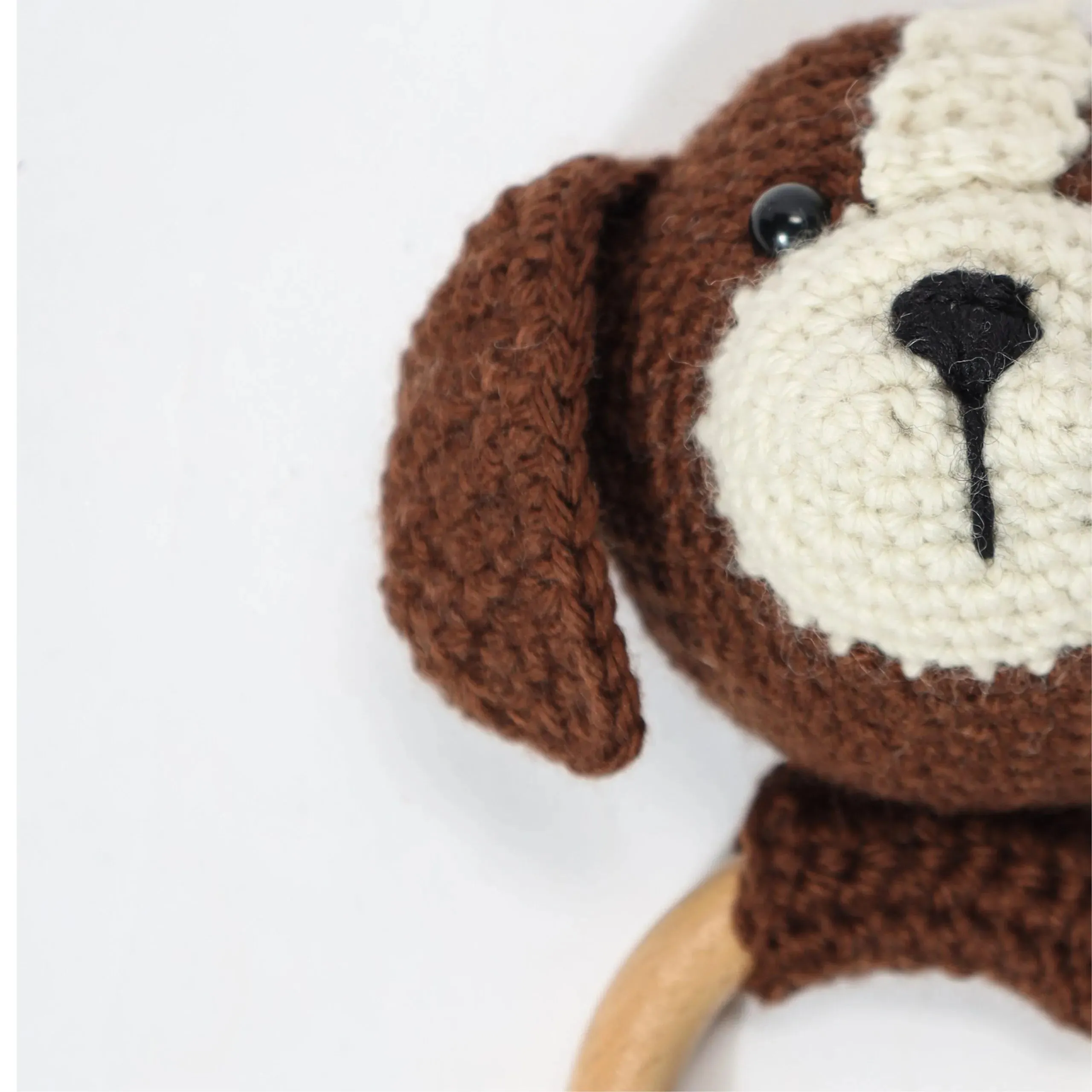 Baby Crochet Dog Rattle With Natural Beech Wood Teething Ring - Clove