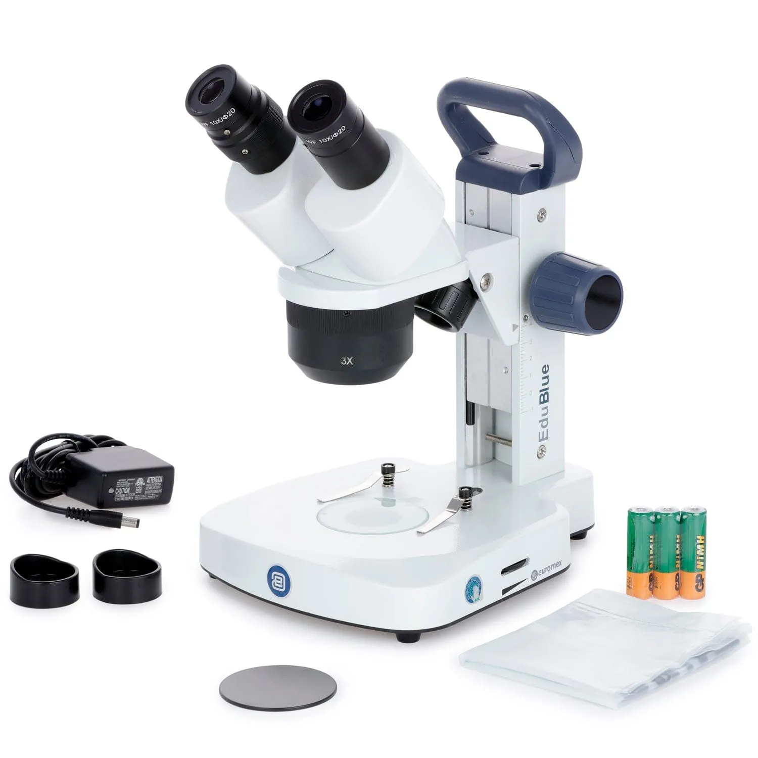 Euromex EduBlue Series Binocular Stereo Microscope 10X, 20X, 30X Magnification with 1X/2X/3X Objective Lenses on Dual Illumination Track Stand