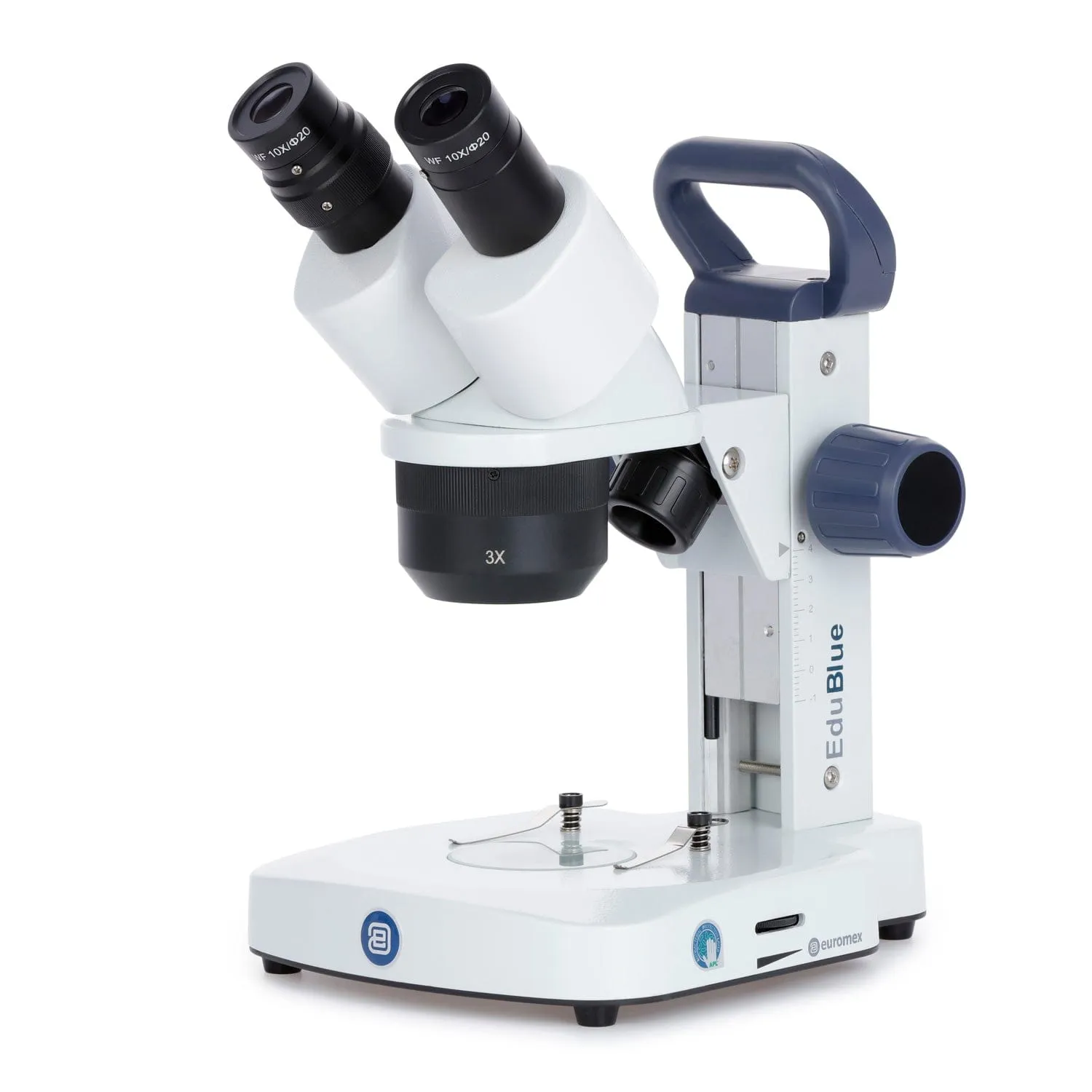 Euromex EduBlue Series Binocular Stereo Microscope 10X, 20X, 30X Magnification with 1X/2X/3X Objective Lenses on Dual Illumination Track Stand