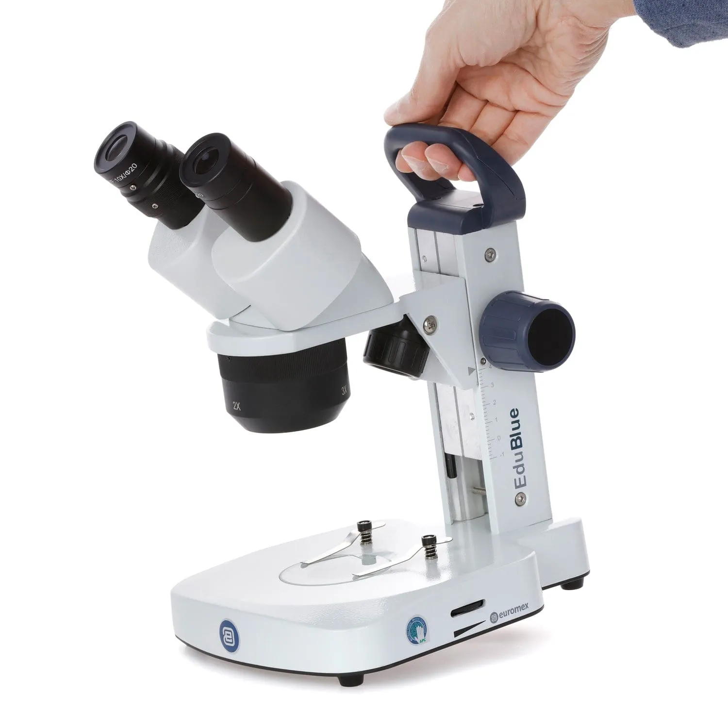 Euromex EduBlue Series Binocular Stereo Microscope 10X, 20X, 30X Magnification with 1X/2X/3X Objective Lenses on Dual Illumination Track Stand