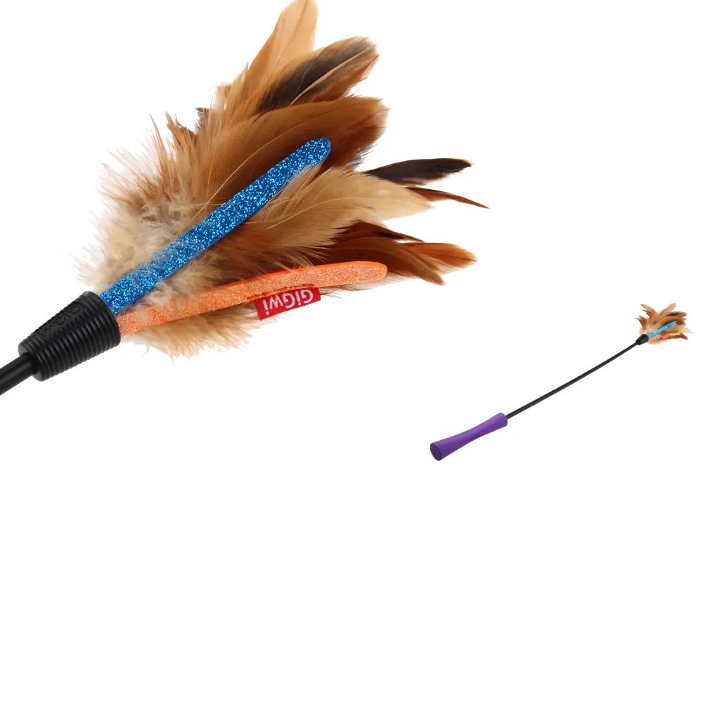 GiGwi Feather Teaser Catwand with Natural feather & TPR Handle Toy for Cats (Purple/Natural)