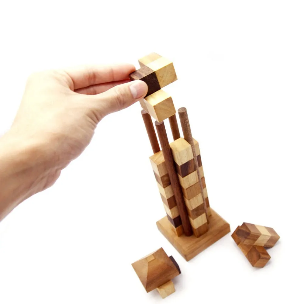 Hand Made Wood Tower Puzzle Game from Thailand - stacking advanced Tower