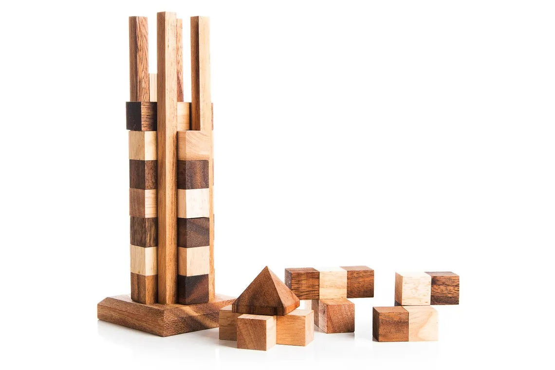 Hand Made Wood Tower Puzzle Game from Thailand - stacking advanced Tower