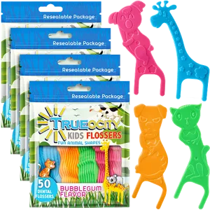 Kids Flossers 4 Pack (200 Total), Cute Animal Shapes Makes Flossing Fun, Kids Floss Picks, Glides Easy Between Teeth, Flosser Helps Prevent Tooth Decay & Gum Disease, Bubble Gum Flavored