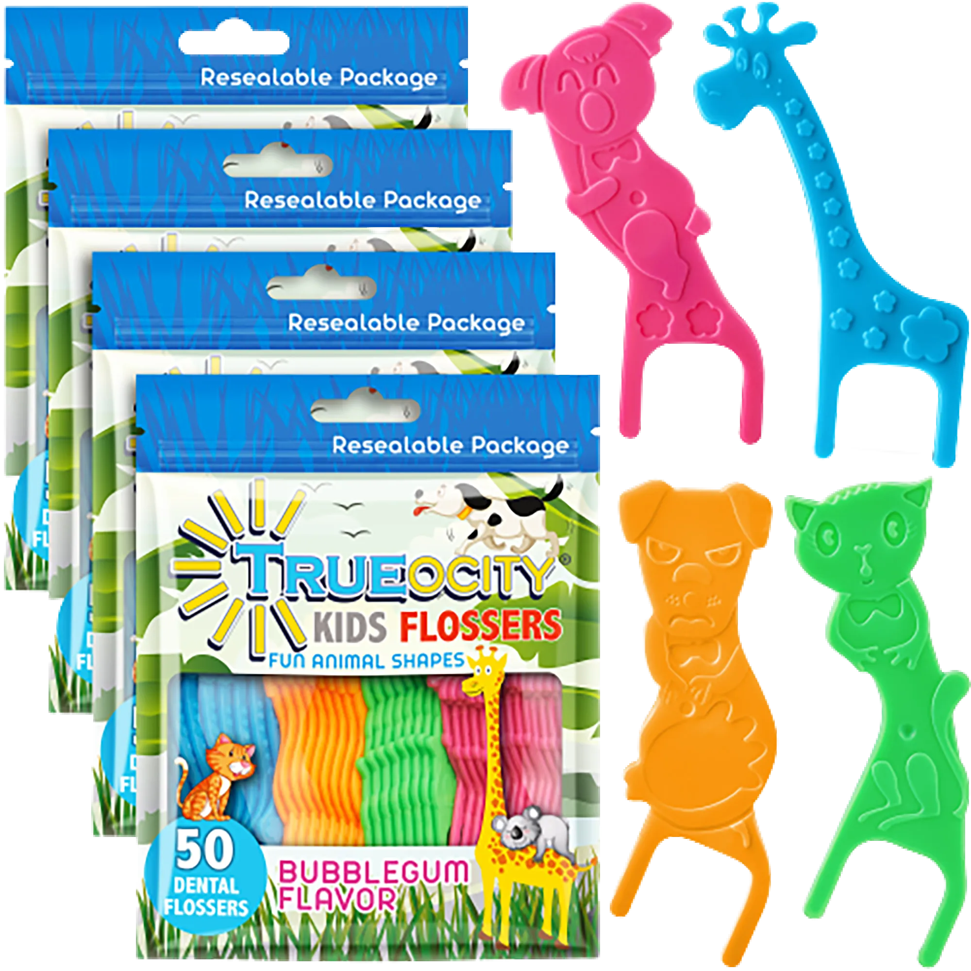 Kids Flossers 4 Pack (200 Total), Cute Animal Shapes Makes Flossing Fun, Kids Floss Picks, Glides Easy Between Teeth, Flosser Helps Prevent Tooth Decay & Gum Disease, Bubble Gum Flavored