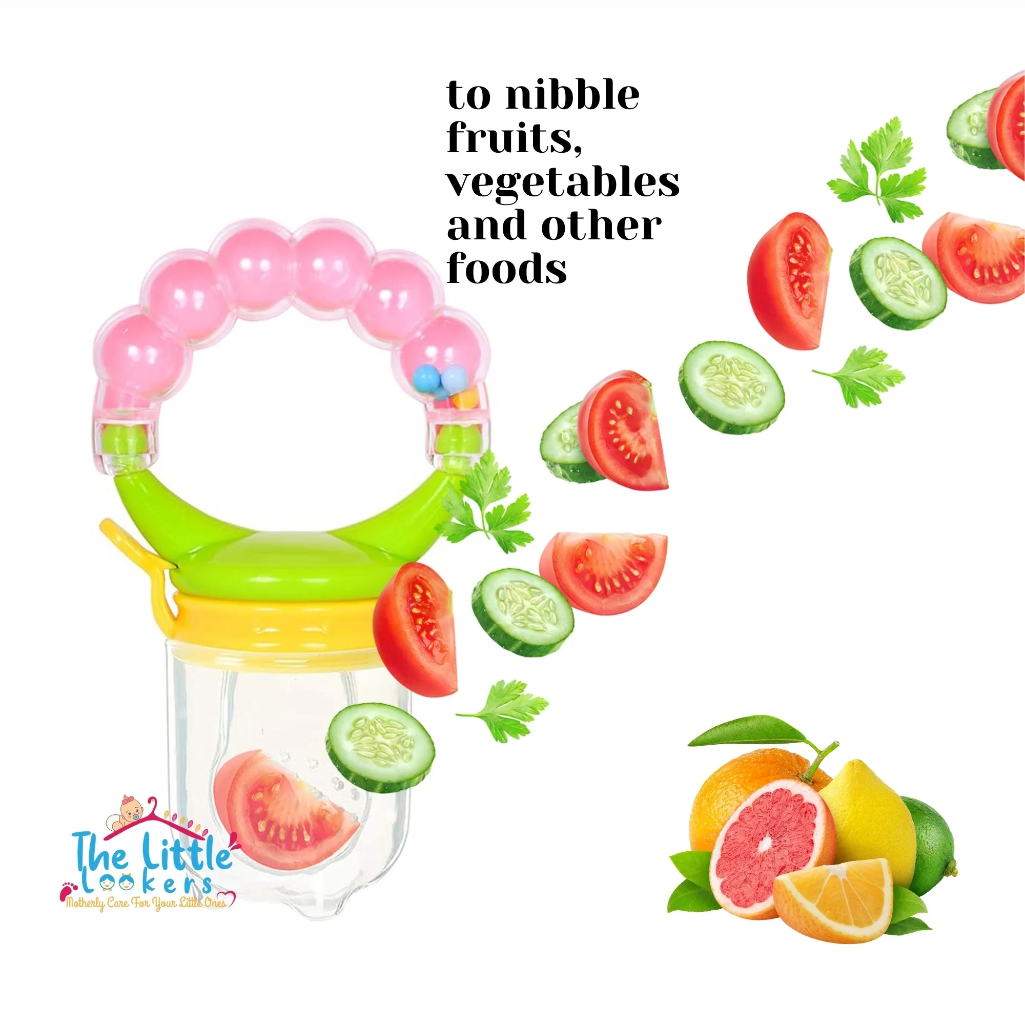 THE LITTLE LOOKERS BPA Free Food Grade Plastic Food Nibbler with Rattle Handle | Fruit/Food Feeder/Pacifier/Nibbler with Silicone Mesh/Soother for Babies/Kids/Toddlers (Pack of 1)