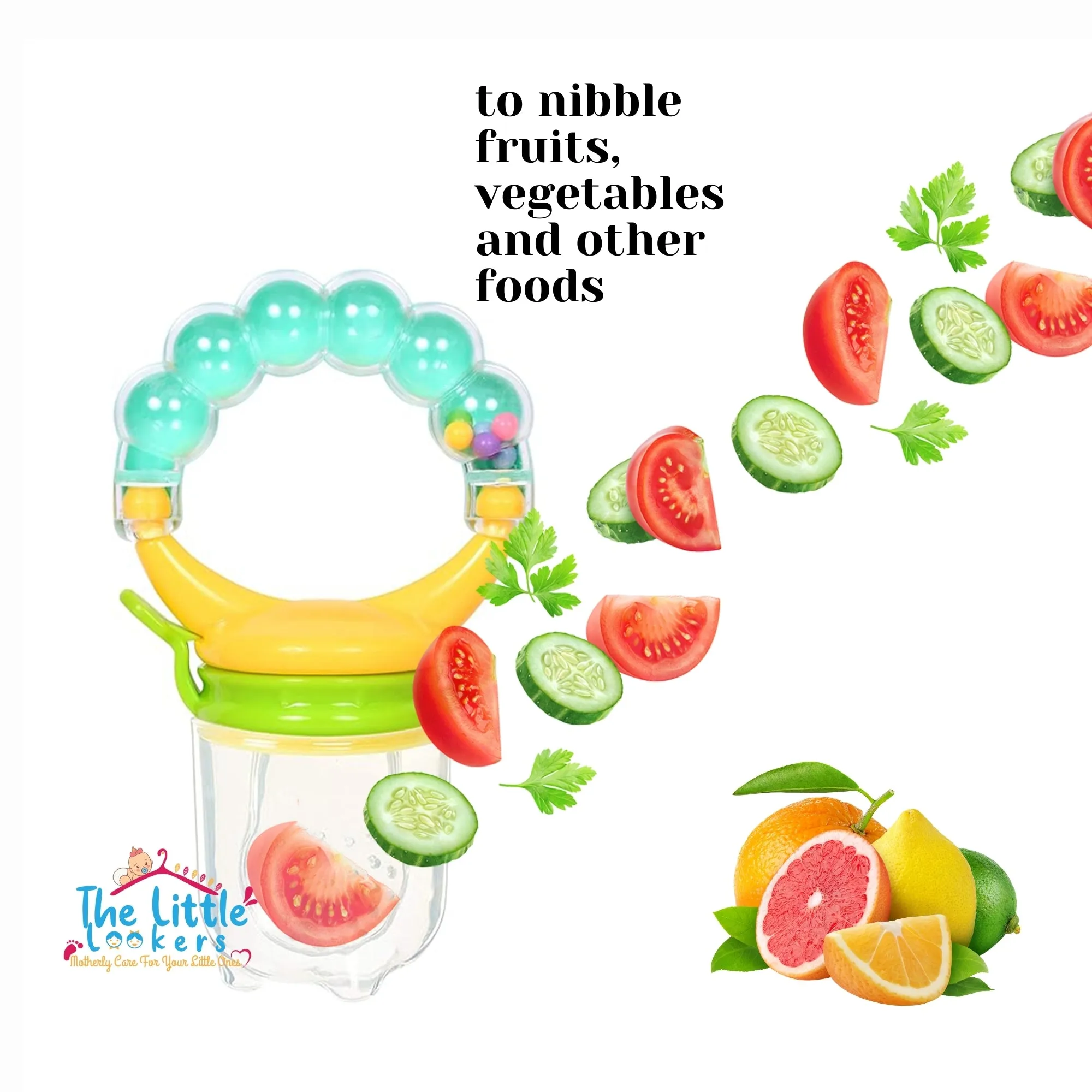 THE LITTLE LOOKERS BPA Free Food Grade Plastic Food Nibbler with Rattle Handle | Fruit/Food Feeder/Pacifier/Nibbler with Silicone Mesh/Soother for Babies/Kids/Toddlers (Pack of 1)