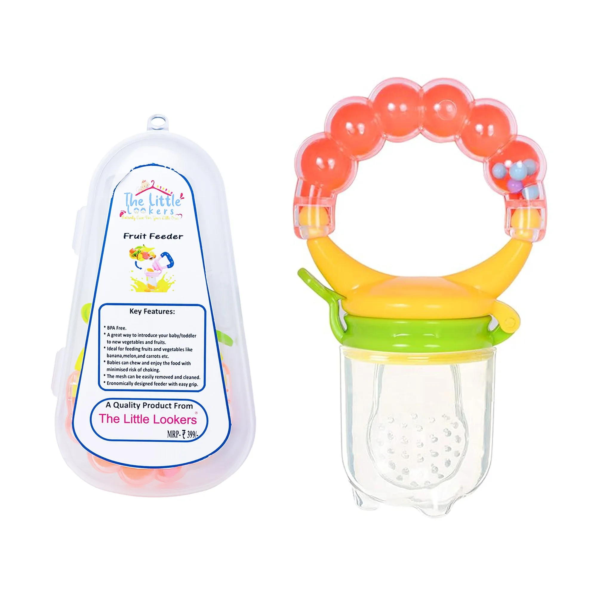 THE LITTLE LOOKERS BPA Free Food Grade Plastic Food Nibbler with Rattle Handle | Fruit/Food Feeder/Pacifier/Nibbler with Silicone Mesh/Soother for Babies/Kids/Toddlers (Pack of 1)